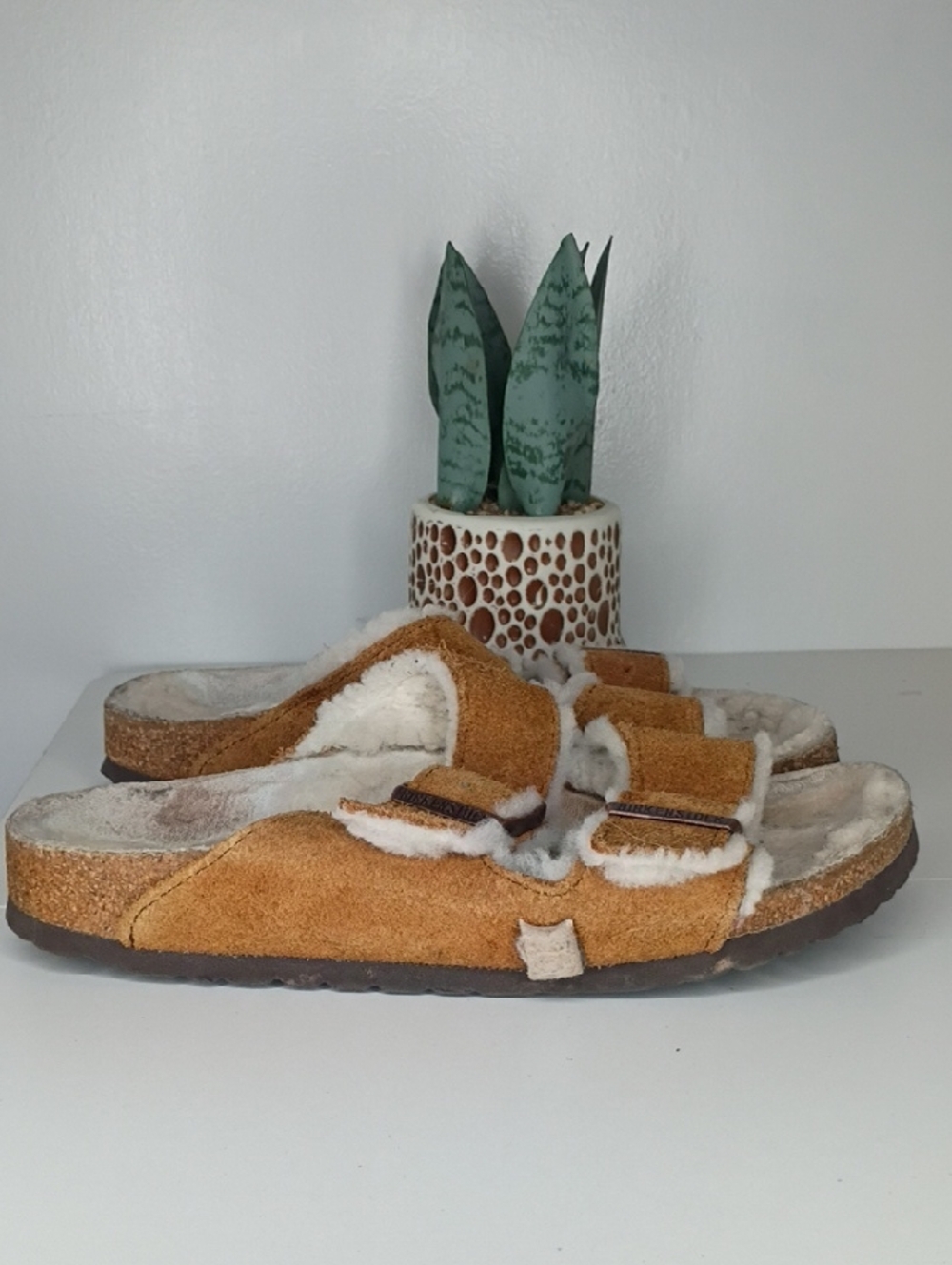 Birkenstock Arizona Suede Shearling Sandals - Chestnut Brown 38 7 - 7.5